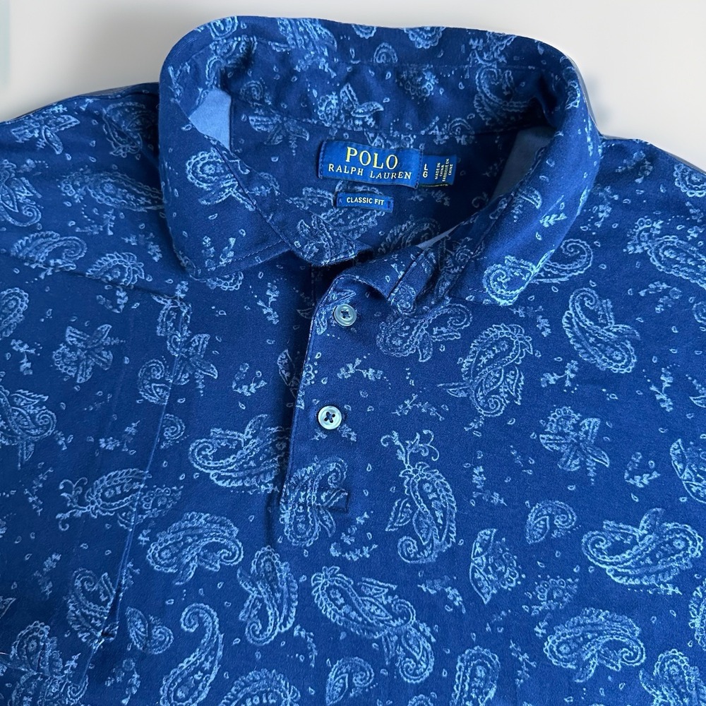 Polo Ralph Lauren Shirt Mens Large Blue Paisley Floral Bandana AOP Golf Classic